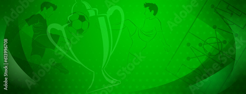 Abstract soccer background with a football players kicking the ball and other sport symbols in green colors