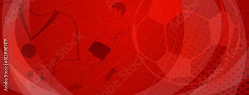 Abstract soccer background with a football player kicking the ball and other sport symbols in red colors