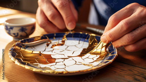 Female hands fixing porcelain with kintsugi method. Ceramic plate repaired using japanese Kintsugi or Kintsukuroi technique emphasizing the cracks with golden joinery. Wabi sabi concept. Close up