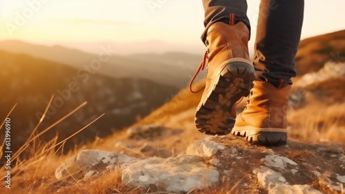 Man hiking up mountain trail close up on boots. Generative AI