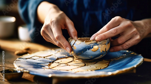 Female hands fixing porcelain with kintsugi method. Ceramic plate repaired using japanese Kintsugi or Kintsukuroi technique emphasizing the cracks with golden joinery. Wabi sabi concept photo