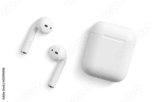 Obraz na plátně White wireless earphone or headphones for using with smartphone, isolated on a transparent background, PNG