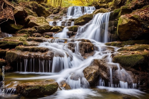 The natural beauty of a cascading waterfall with a long exposure shot. Generative AI © Mustafa