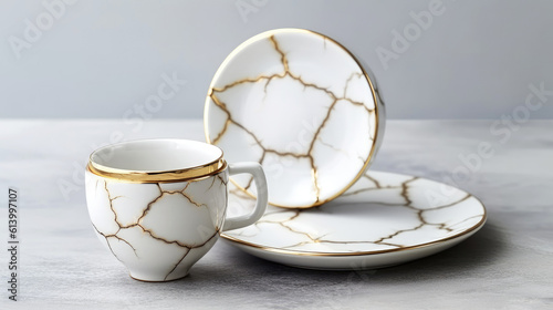 White porcelain ware service repaired using japanese Kintsugi or Kintsukuroi technique emphasizing the cracks with golden joinery. Acceptance of change and the beauty of imperfection.Wabi sabi concept