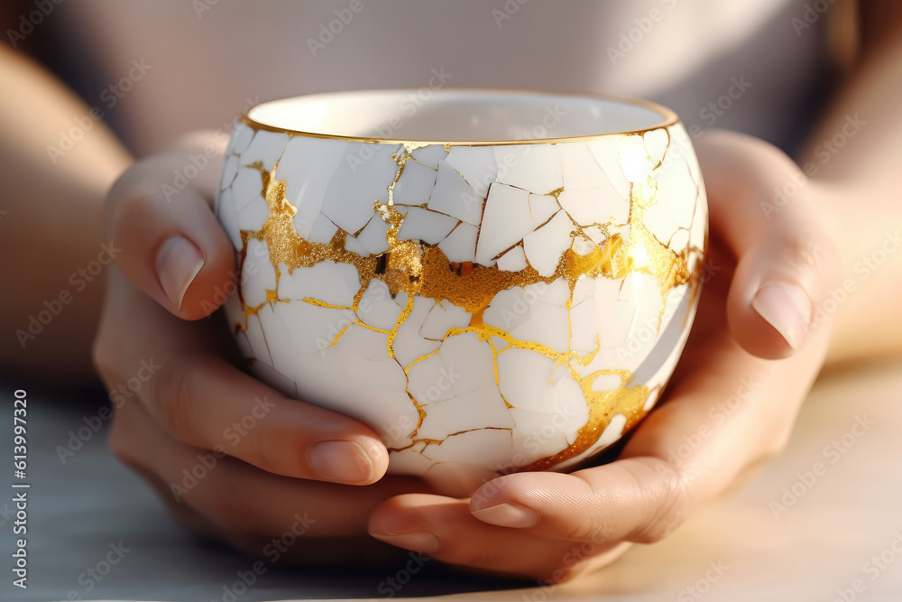 White porcelain cup with kintsugi method in Female hands. Antique ...