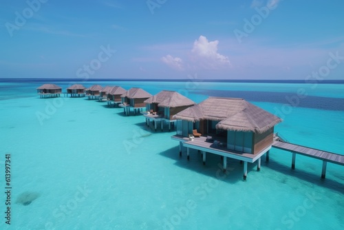 Amazing drone view of the beach and water with beautiful colors. luxury tropical resort or hotel with water villas and beautiful beach scenery. maldives, summer vacation, resort maldivian houses.