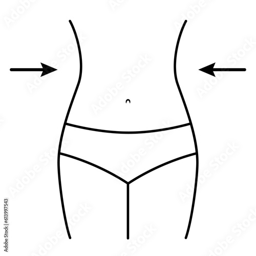 Female body waist reduction and weight loss icon. Lose weight. Belly fat reduction symbol. Linear illustration of woman silhouette for fitness, surgery, aesthetics, cryolipolysis, liposuction designs