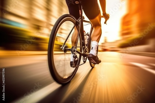 The energy and excitement of a city street in a close-up shot of a cyclist. Defocused Image. Generative AI