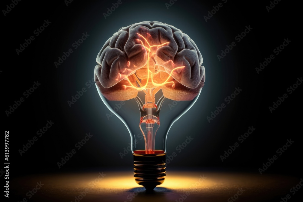 Human brain inside light bulb on dark background. Idea Concept. Generative AI Human brain inside light bulb on dark background. Idea Concept. Generative AI