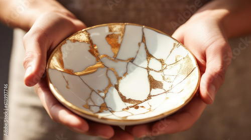 White ceramic plate with kintsugi method in Female hands. Antique pottery restored with gold cracks. Traditional Japanese gold fixing method. Wabi sabi concept. Sunlights. Generative AI photo