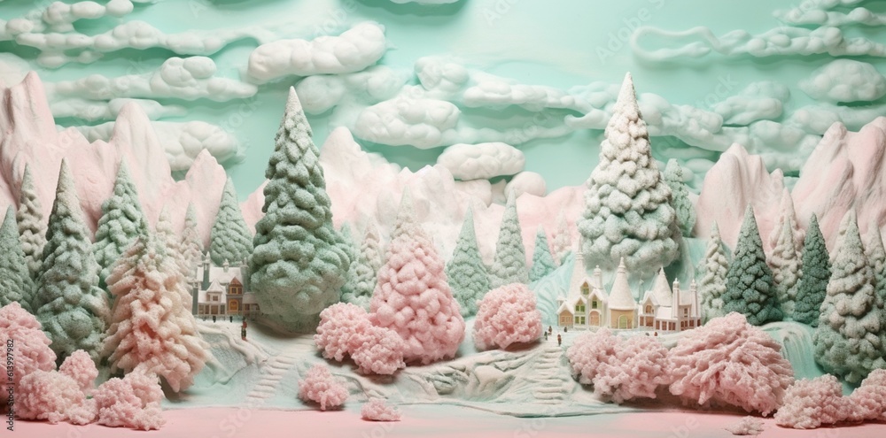 A surreal Christmas concept in pastel colors with snow, Christmas trees and giant baubles. Generative AI