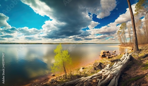 Beautiful scenery of the Ukrainian coast of the Kaniv Reservoir under a cloudless blue sky. photo