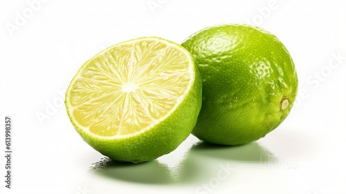 Whole lemon with slice isolated into the white background, lime isolated into white background
