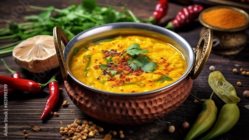 Indian dal food. Traditional Indian soup lentils. Indian Dhal spicy curry in a bowl, Delicious Dal Tadka recipe wooden background photo