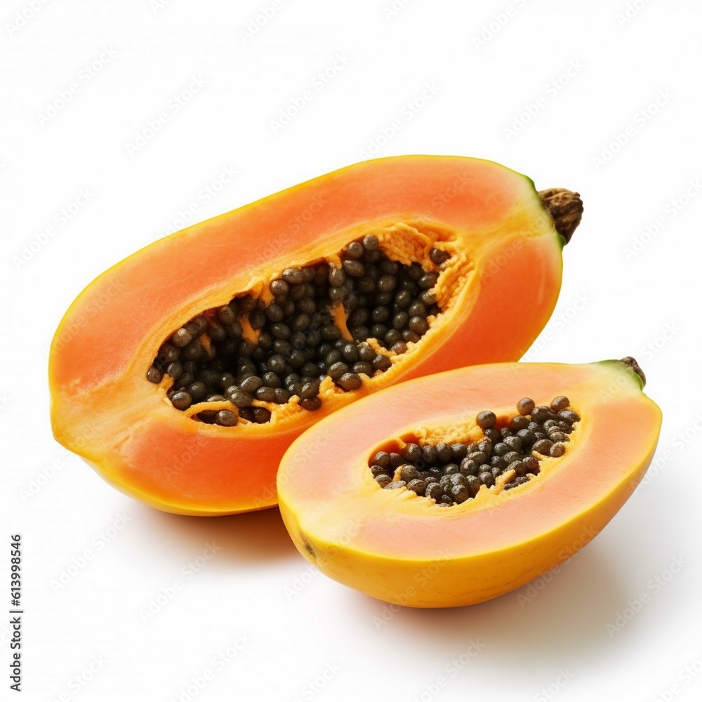 half of the ripe papaya fruit with seeds isolated on white background, papaya isolated into white background half of the ripe papaya fruit with seeds isolated on white background, papaya isolated into white background