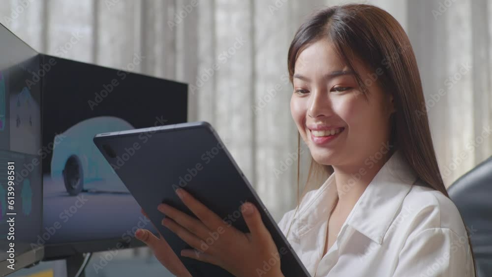 Close Up Side View Of Asian Female Automotive Designer Comparing The 3D Model Of Ev Car On The Desktop Computers To The Photo On Her Tablet In The Studio
Close Up Side View Of Asian Female Automotive Designer Comparing The 3D Model Of Ev Car On The Desktop Computers To The Photo On Her Tablet In The Studio
