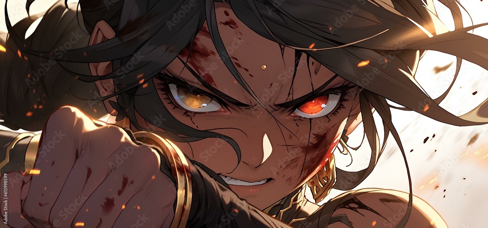 Obraz premium Strongest female fighter who struggles despite major injuries, japanese anime style illustration. generative AI