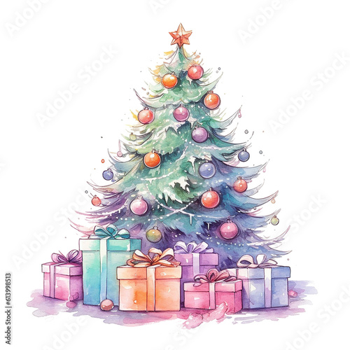 Watercolor Christmas Tree with Gifts. Illustration AI Generative.