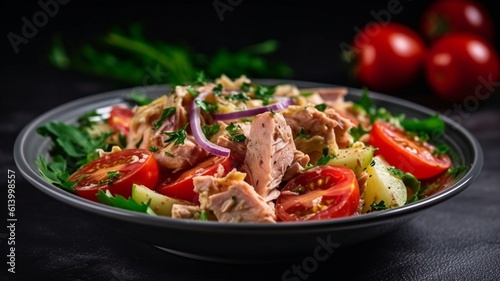 Penne pasta in tomato sauce with chicken and tomatoes, pasta at the wooden table front and side view 