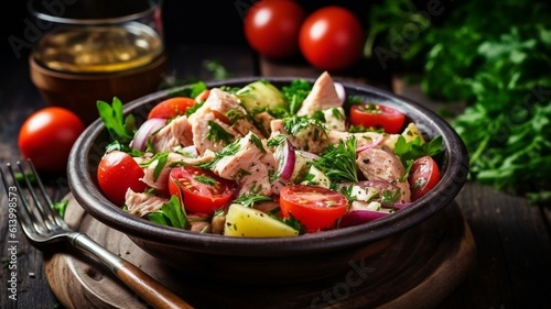 Penne pasta in tomato sauce with chicken and tomatoes, pasta at the wooden table front and side view 