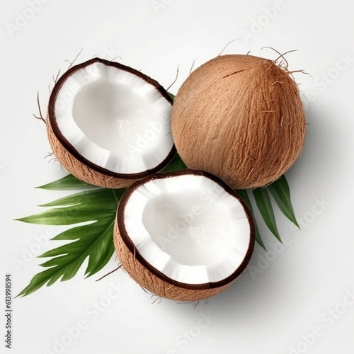 Full Coconut with half and leaves on white background, Coconut isolated into white background