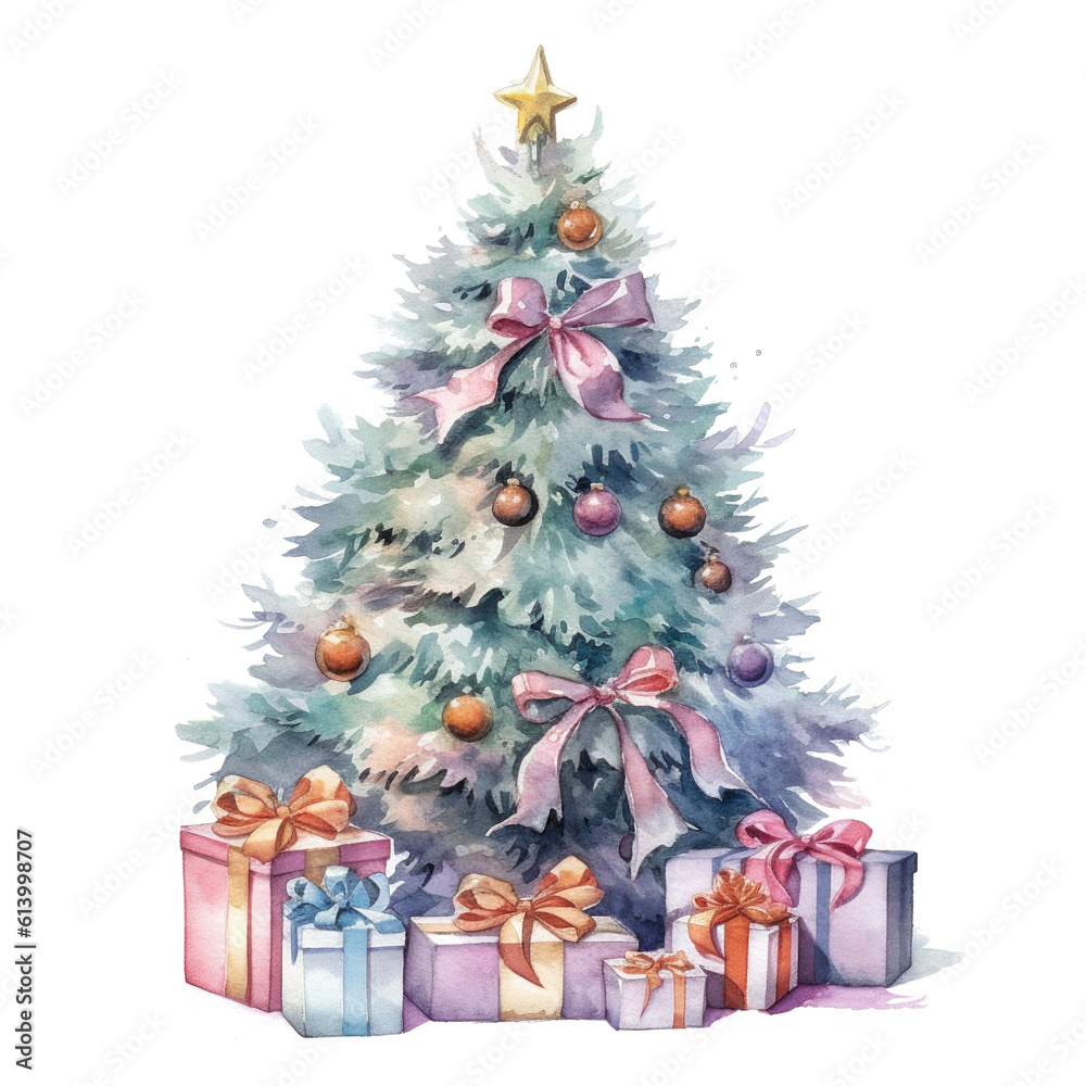 Watercolor Christmas Tree with Gifts. Illustration AI Generative.