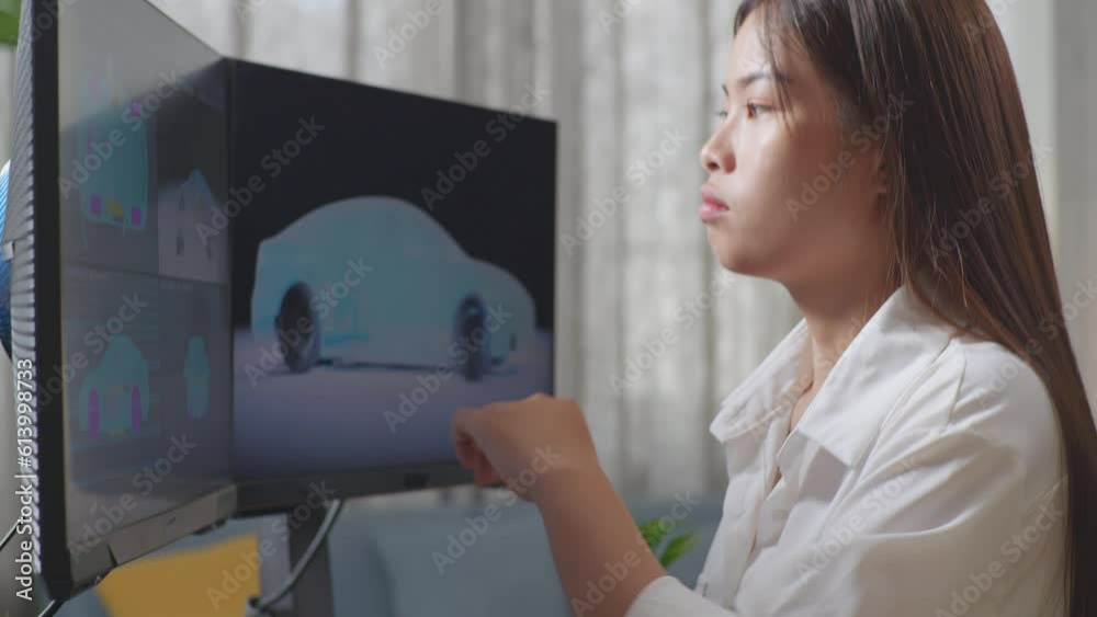 Close Up Side View Of Asian Female Automotive Designer Thinking Of Idea While Working On 3D Model Of Ev Car On The Desktop Computers In The Studio
Close Up Side View Of Asian Female Automotive Designer Thinking Of Idea While Working On 3D Model Of Ev Car On The Desktop Computers In The Studio