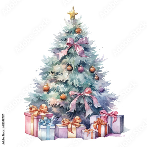 Watercolor Christmas Tree with Gifts. Illustration AI Generative.