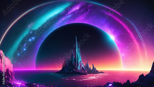 Alien peaks on the ocean facing a colorful planet (Generative AI)