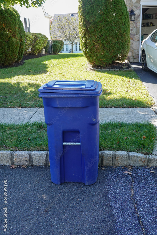 A blue recycling bin on an asphalt street near a gray brick curb A blue recycling bin on an asphalt street near a gray brick curb