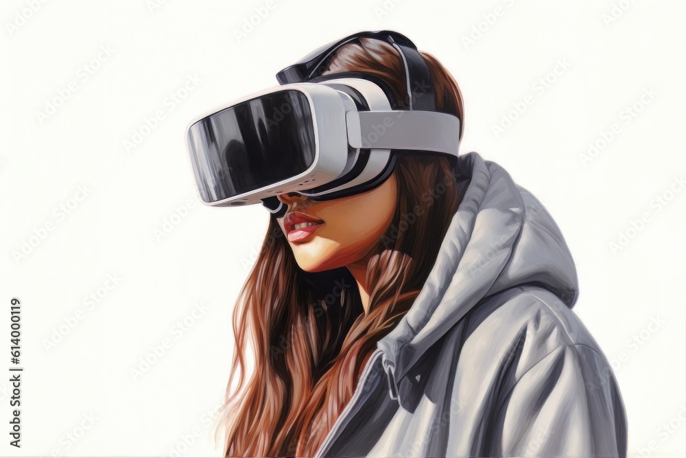 Beautiful cyber woman face in virtual reality glasses isolated on white background AI Generative AI Beautiful cyber woman face in virtual reality glasses isolated on white background AI Generative AI