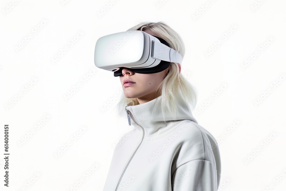 Beautiful cyber woman face in virtual reality glasses isolated on white background AI Generative AI Beautiful cyber woman face in virtual reality glasses isolated on white background AI Generative AI