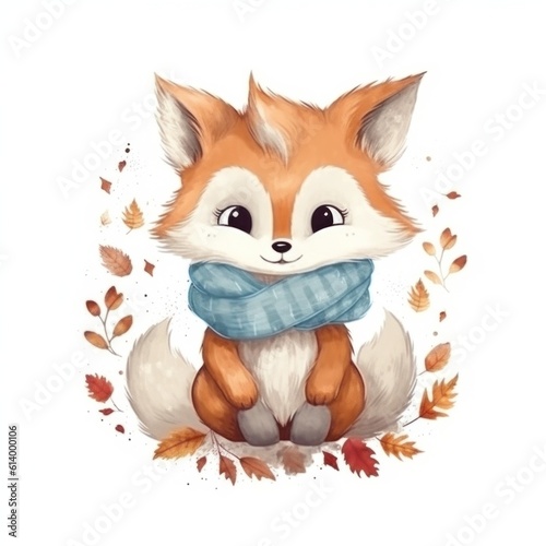Cute watercolor baby autumn fox isolated. Illustration AI Generative.