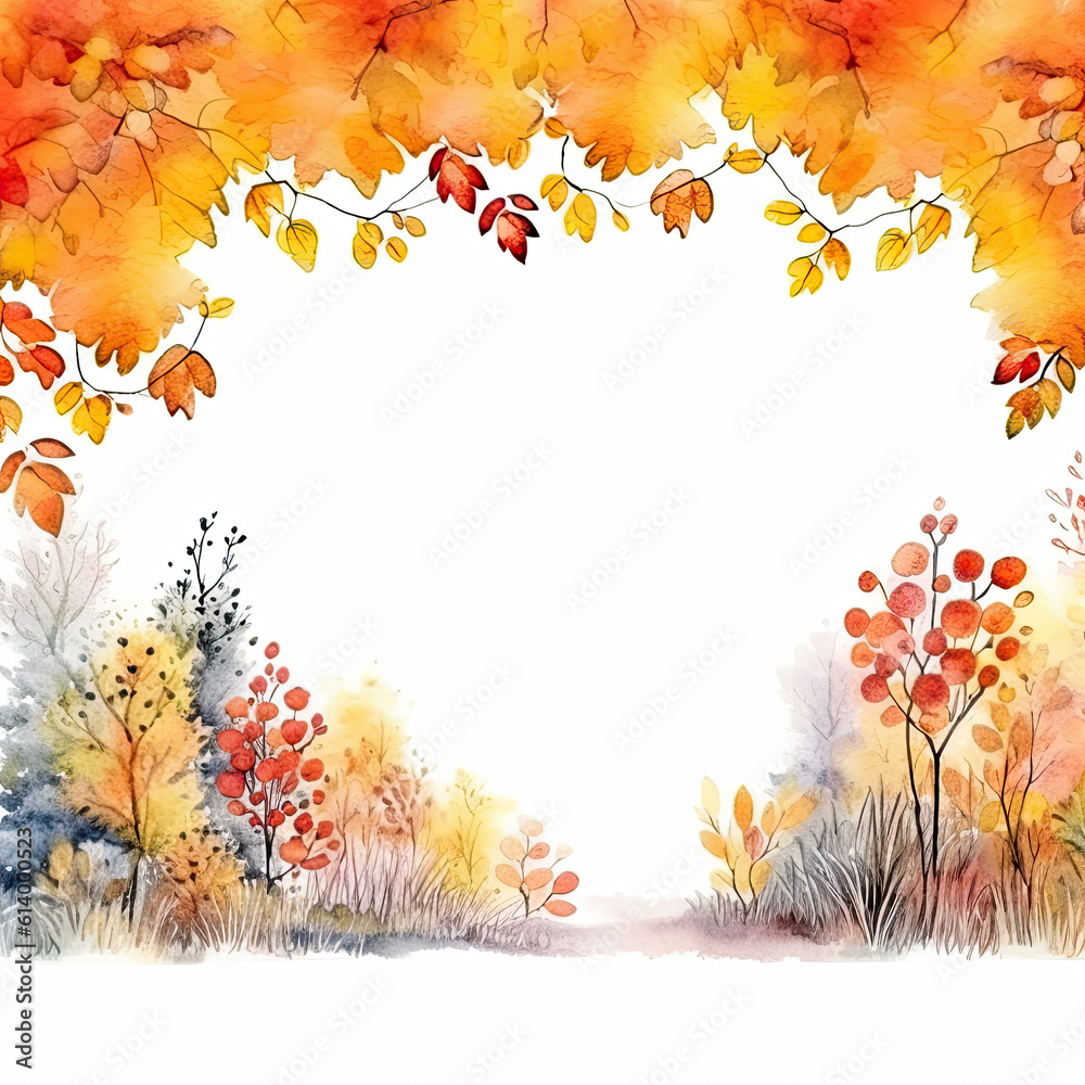 Watercolor Autumn Frame Background. Illustration AI Generative.