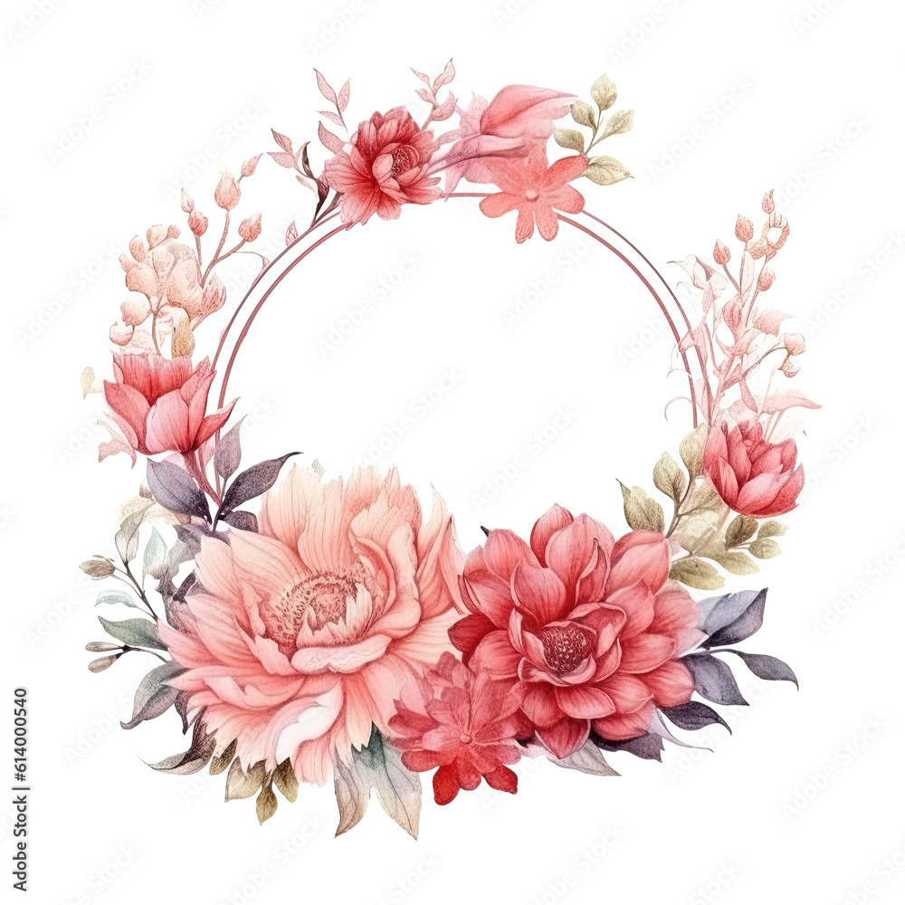 Watercolor Floral Wreath Isolated. Illustration AI Generative.