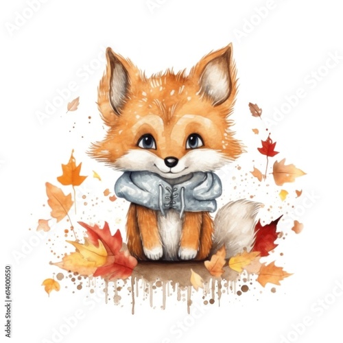 Cute watercolor baby autumn fox isolated. Illustration AI Generative.