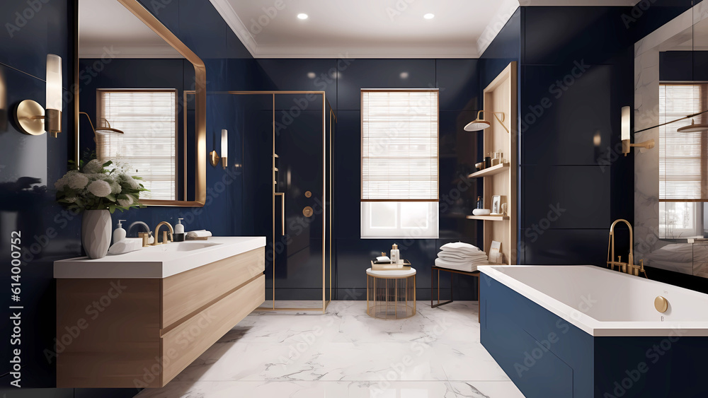 Contemporary navy blue master bathroom with walkin shower and marble