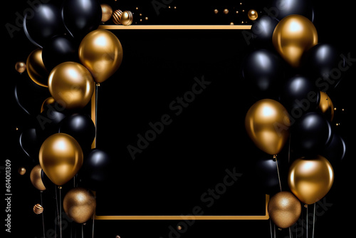 Gold and black balloons with frame celebration invite