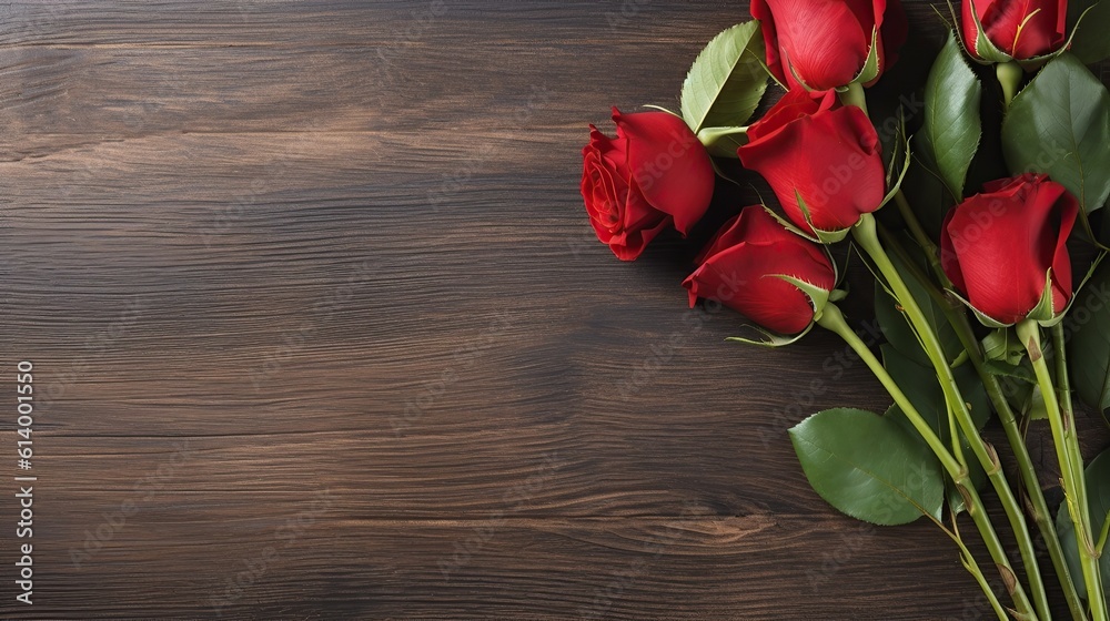 Red Roses on wooden solid background with copy space Generative AI