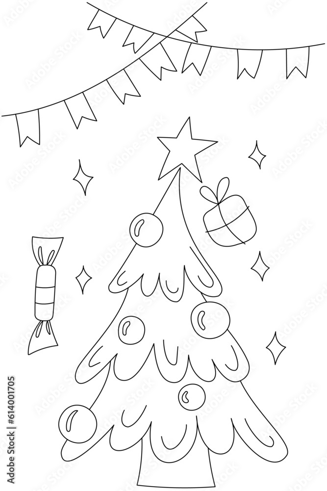 Vector page for coloring. New Year, Christmas gifts, garlands. Creative task for children. Christmas tree with a star.