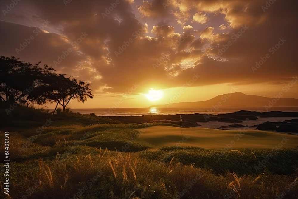 Sunrise over the field. AI generated art illustration. Sunrise over the field. AI generated art illustration.