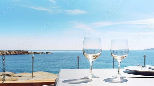 tables with glasses in beach generative ai