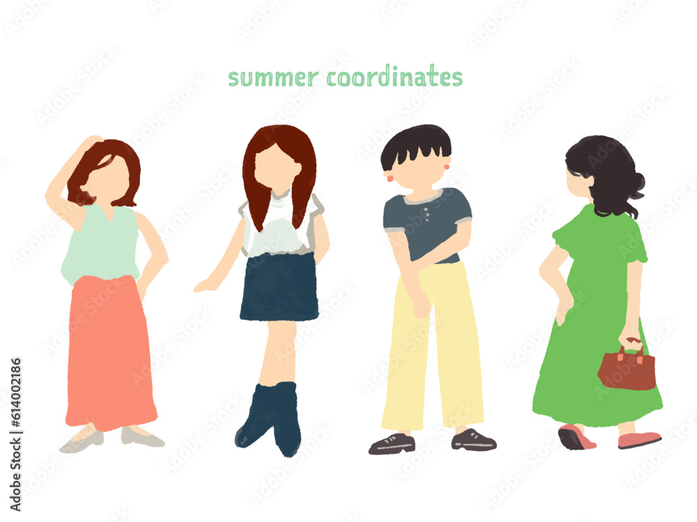 夏コーディネートの女性たちのイラストセット