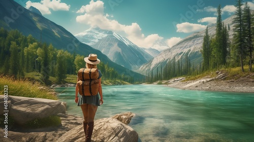 Back view of traveler girl with raised arms standing in front of big cruise liner Generative AI photo