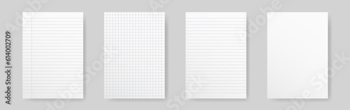 Paper lines collection. Realistic checkered sheet. White paper blank with shadow. Note book lined mockup. Document or letter template. Empty page concept. Vector illustration