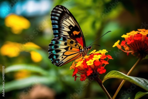The tranquility and beauty of nature with a close - up shot of a colorful butterfly resting on a flower. Generative AI © Mustafa