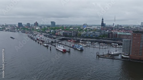 Drone shot of port of Hamburg on Elbe River , Germany photo