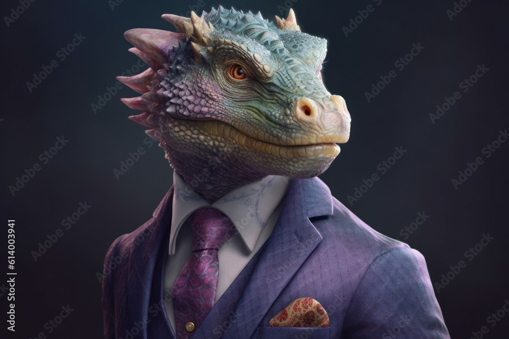 Anthropomorphic dragon dressed in a suit like a businessman. Business Concept. AI generated, human enhanced. Anthropomorphic dragon dressed in a suit like a businessman. Business Concept. AI generated, human enhanced.