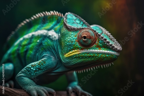 Green colored chameleon close up. AI generated, human enhanced © top images