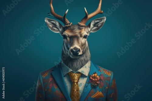 Anthropomorphic elk dressed in a suit like a businessman. business concept. AI generated, human enhanced. © top images